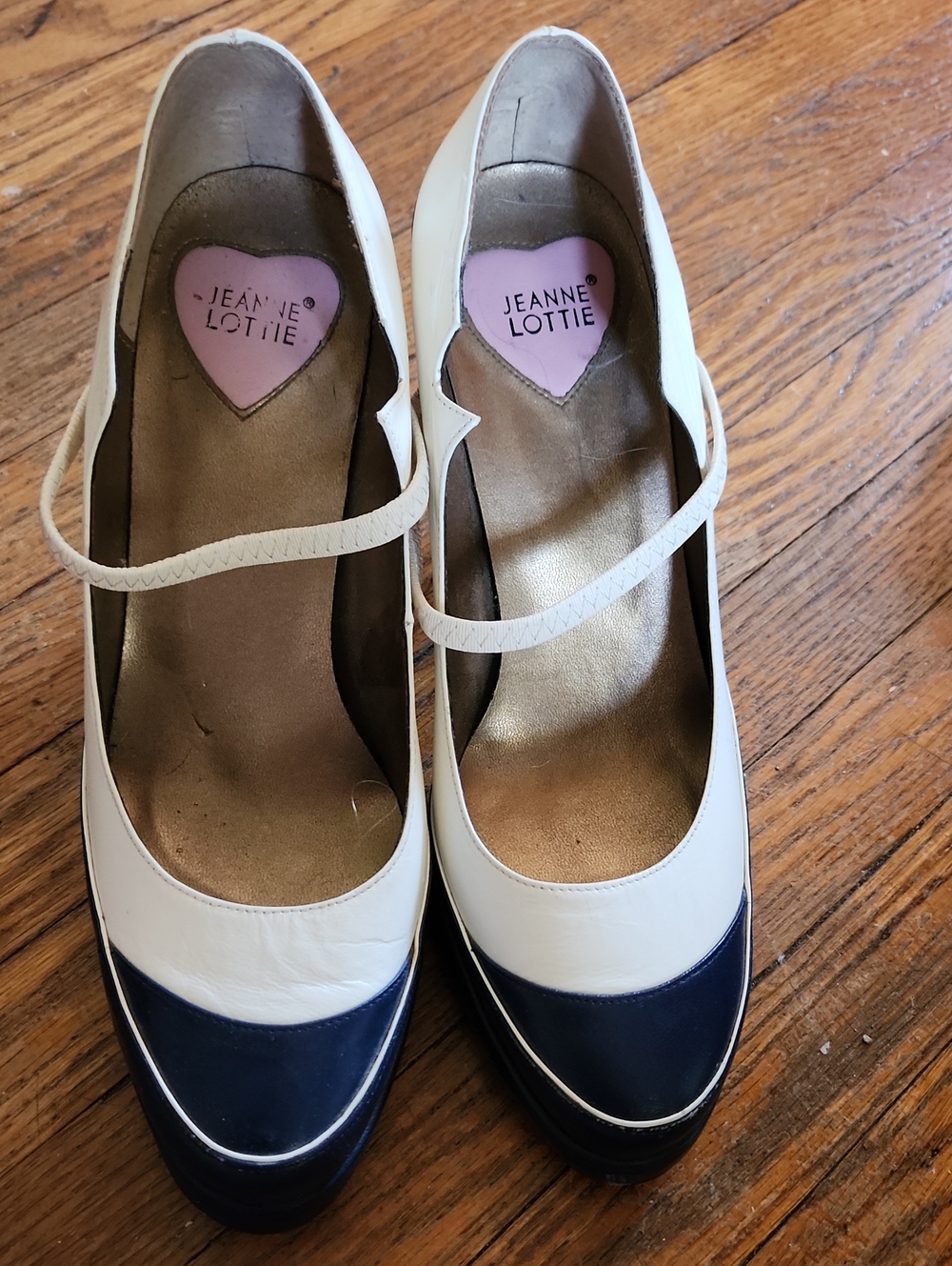 Jeanne Lottie Two-Tone White and Navy Mary Jane Heels
